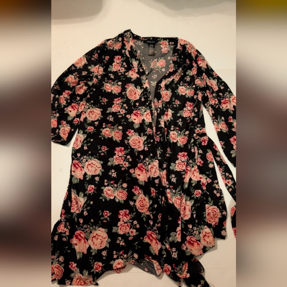 Rene Rofe Floral Black Pink Green Women's Wrap Around Robe And Nightgown S/P